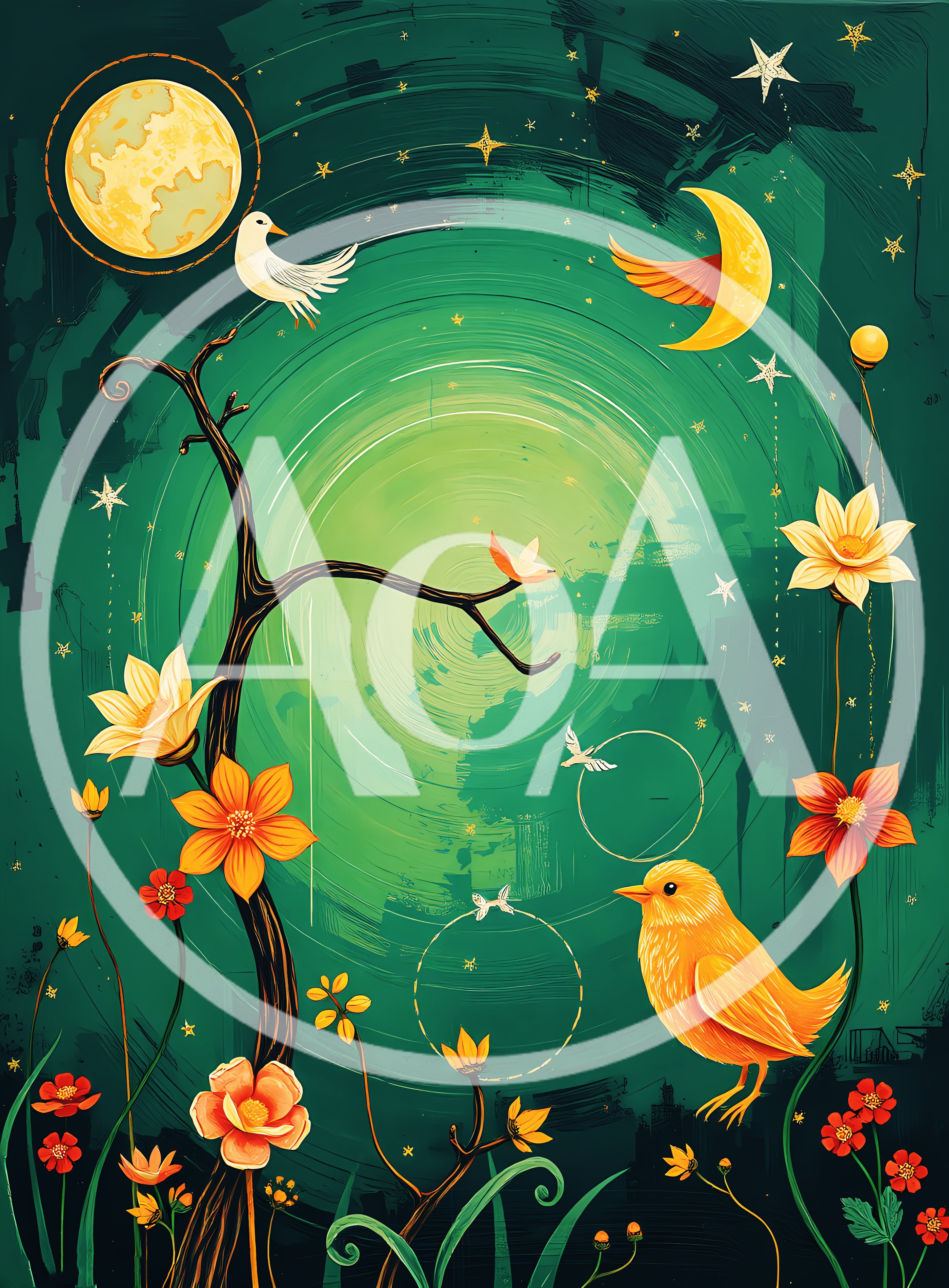 Whimsical Illustration Of Birds And Flowers In Moonlight