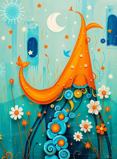 Whimsical Abstract Illustration With Orange Bird And Flowers