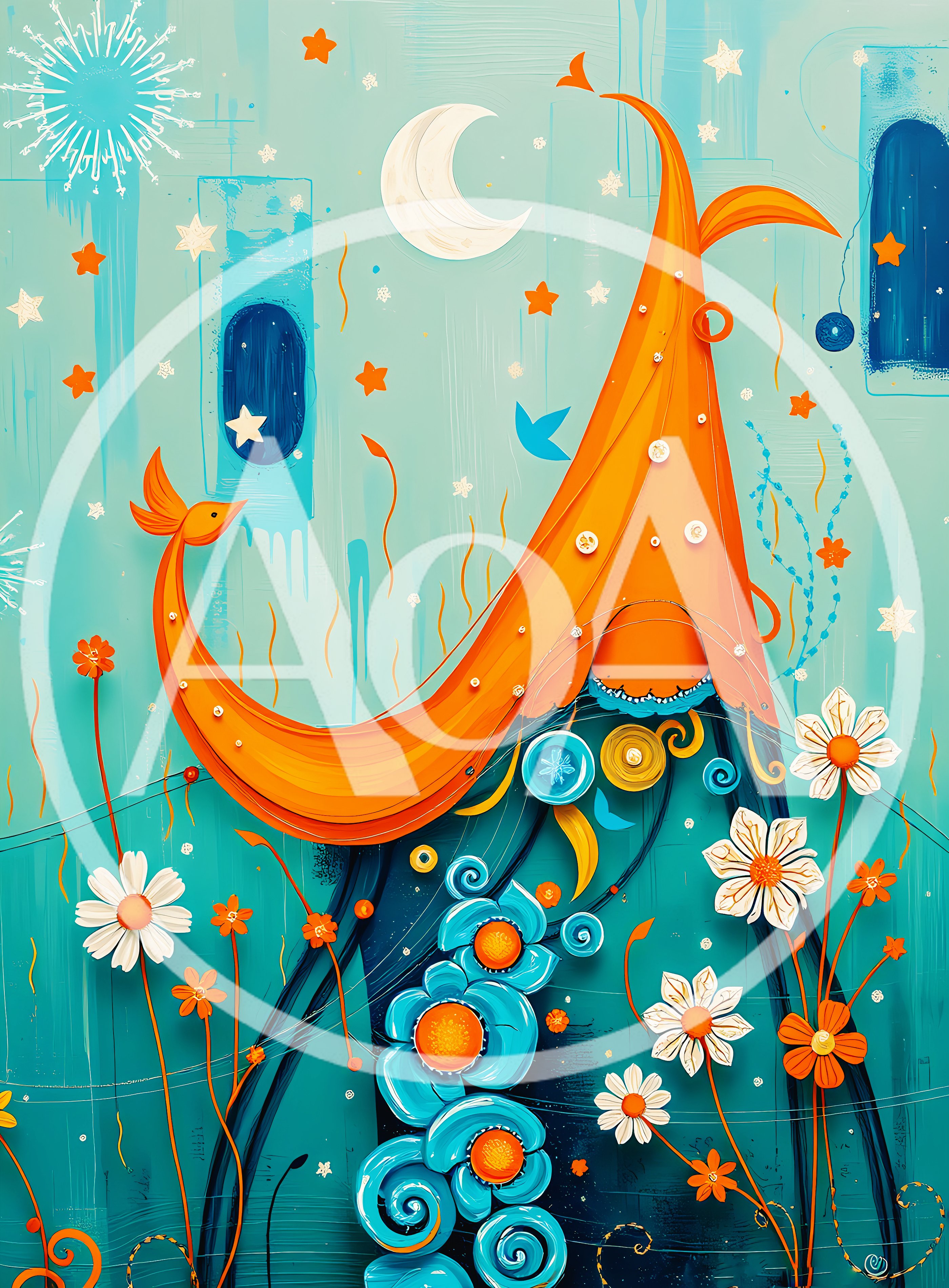 Whimsical Abstract Illustration With Orange Bird And Flowers