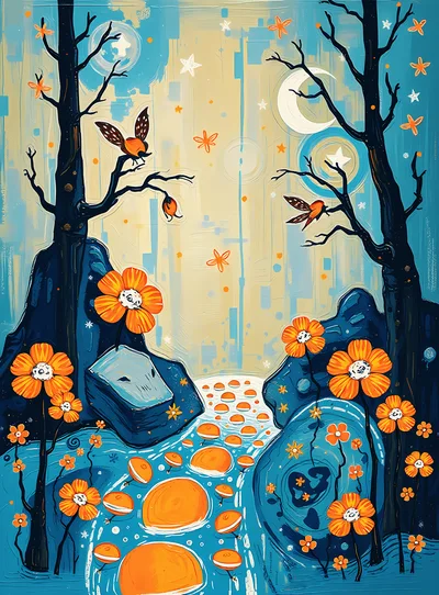 Whimsical Forest Landscape With Floating Orange Orbs