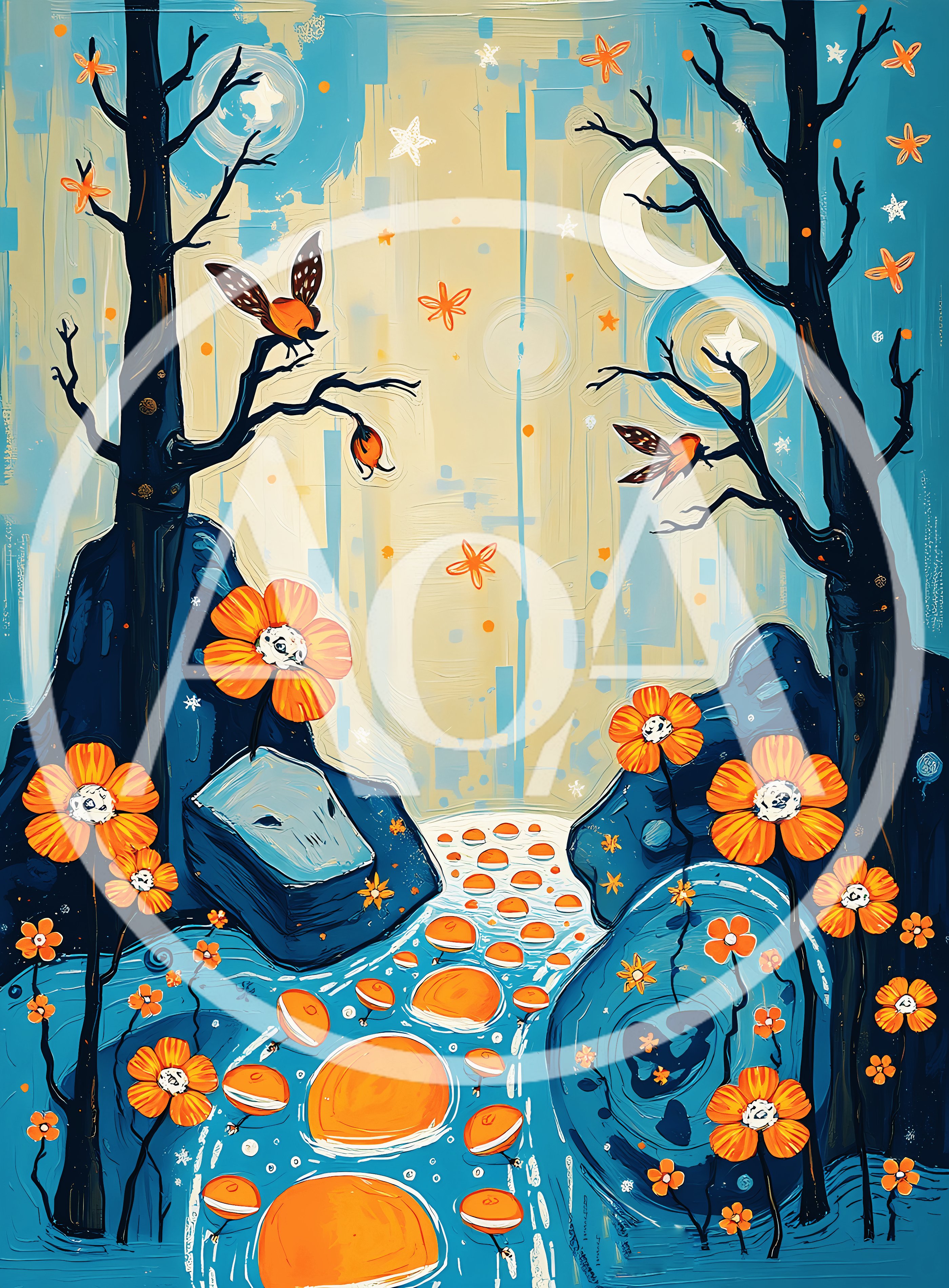 Whimsical Forest Landscape With Floating Orange Orbs