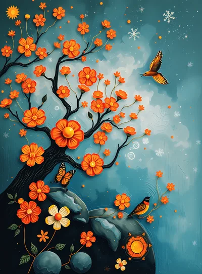 Stylized Tree With Orange Flowers And Birds