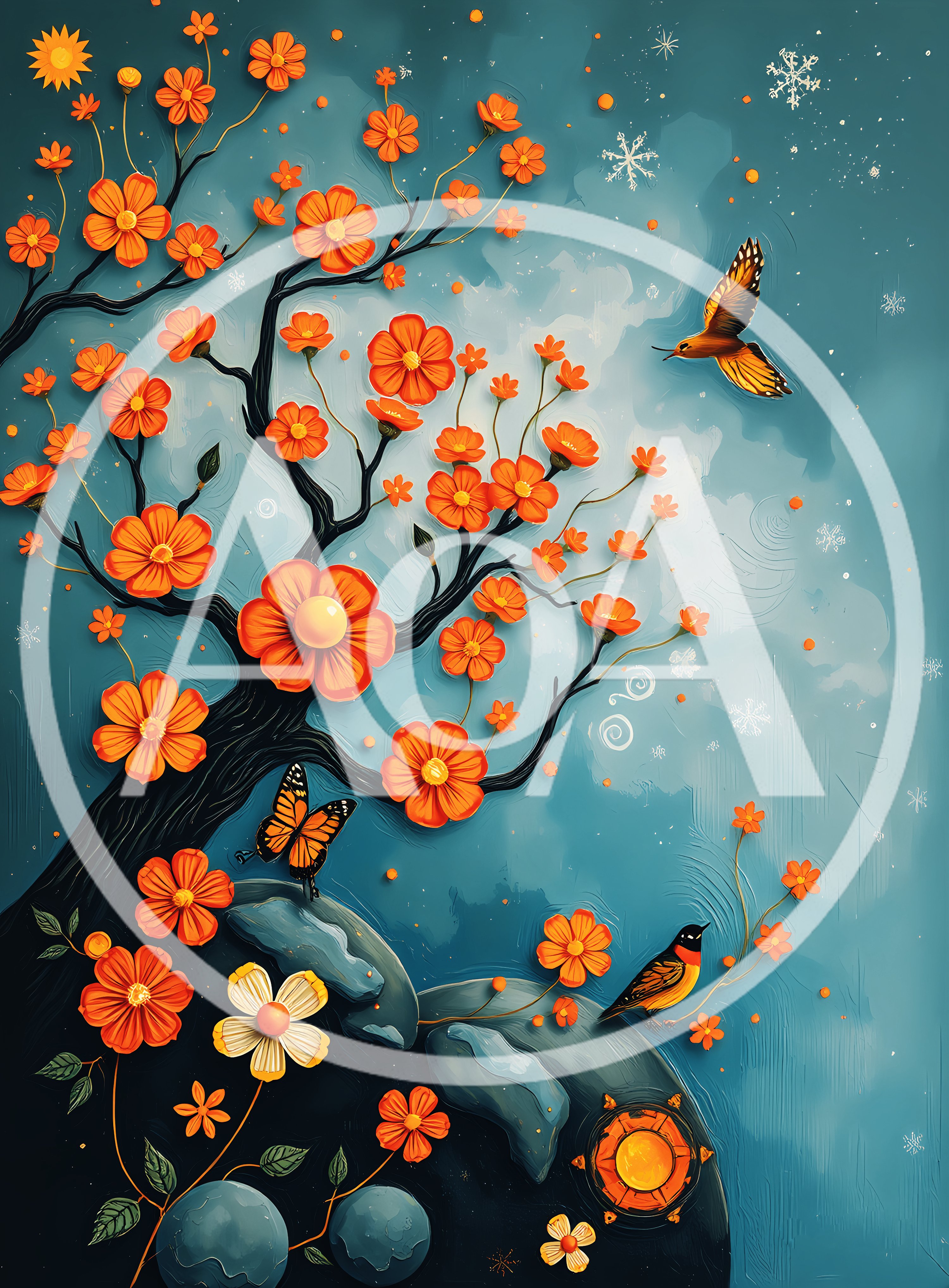 Stylized Tree With Orange Flowers And Birds