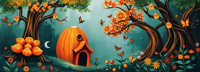 Whimsical Pumpkin House In An Enchanted Autumn Forest