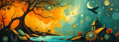 Surreal Landscape With Tree And Cottage Under Moon