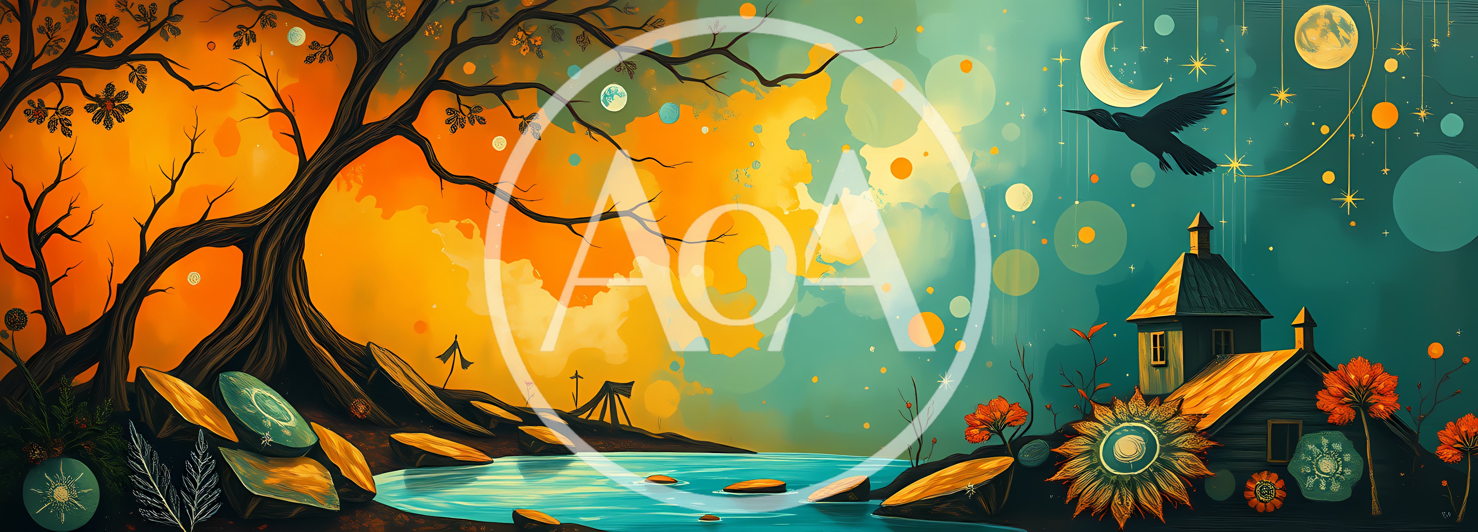 Surreal Landscape With Tree And Cottage Under Moon