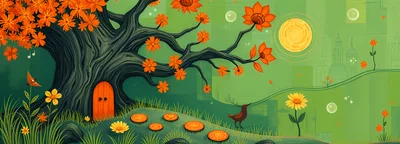 Whimsical Fairy Tale Tree With Orange Flowers