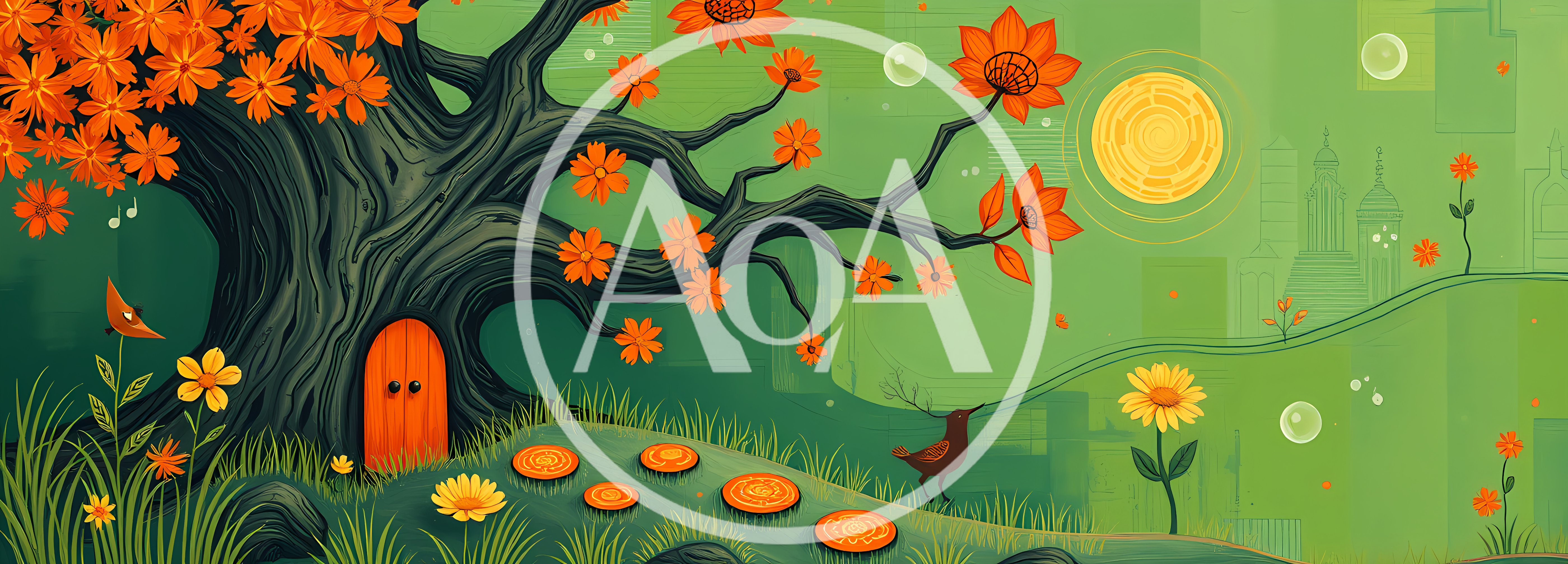 Whimsical Fairy Tale Tree With Orange Flowers