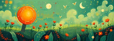Surreal Illustration Of A Glowing Lightbulb Flower In Nature