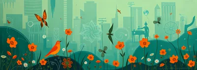 Surreal Cityscape With Orange Flowers And Birds