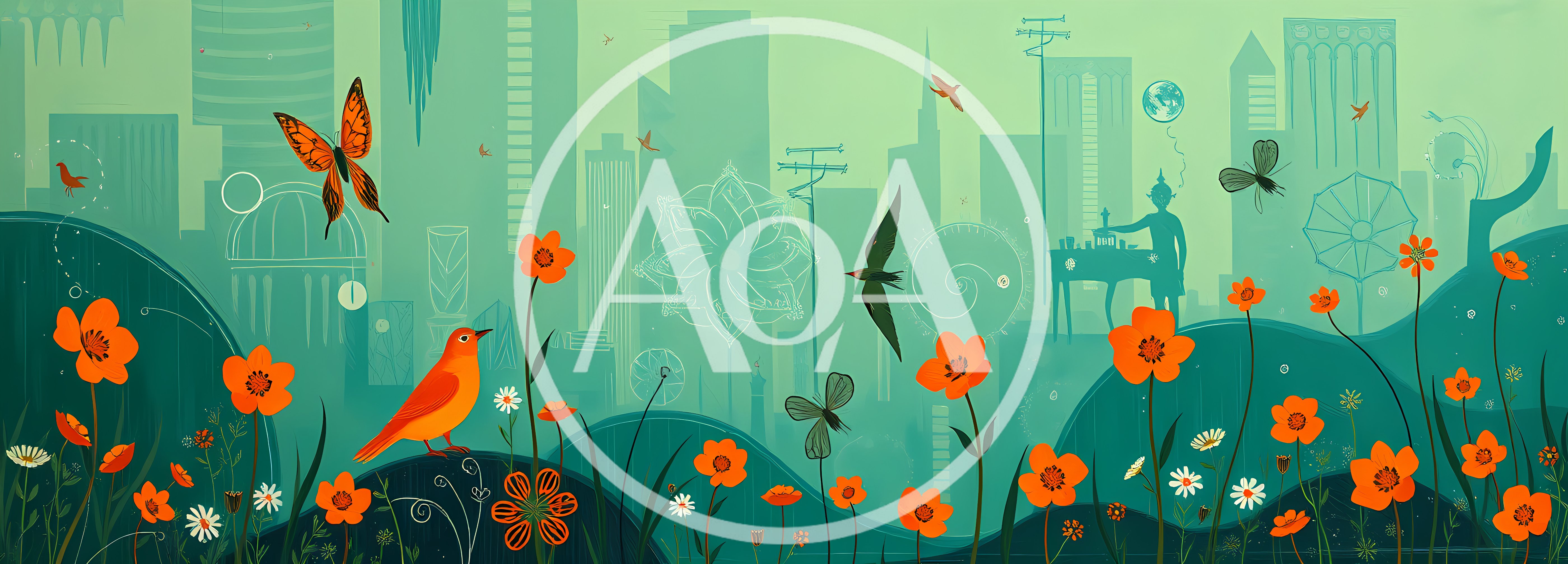 Surreal Cityscape With Orange Flowers And Birds