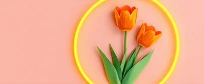 Two Orange Tulips Inside A Yellow Neon Circle