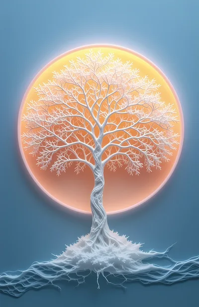 Stylized White Tree Against A Glowing Circular Background