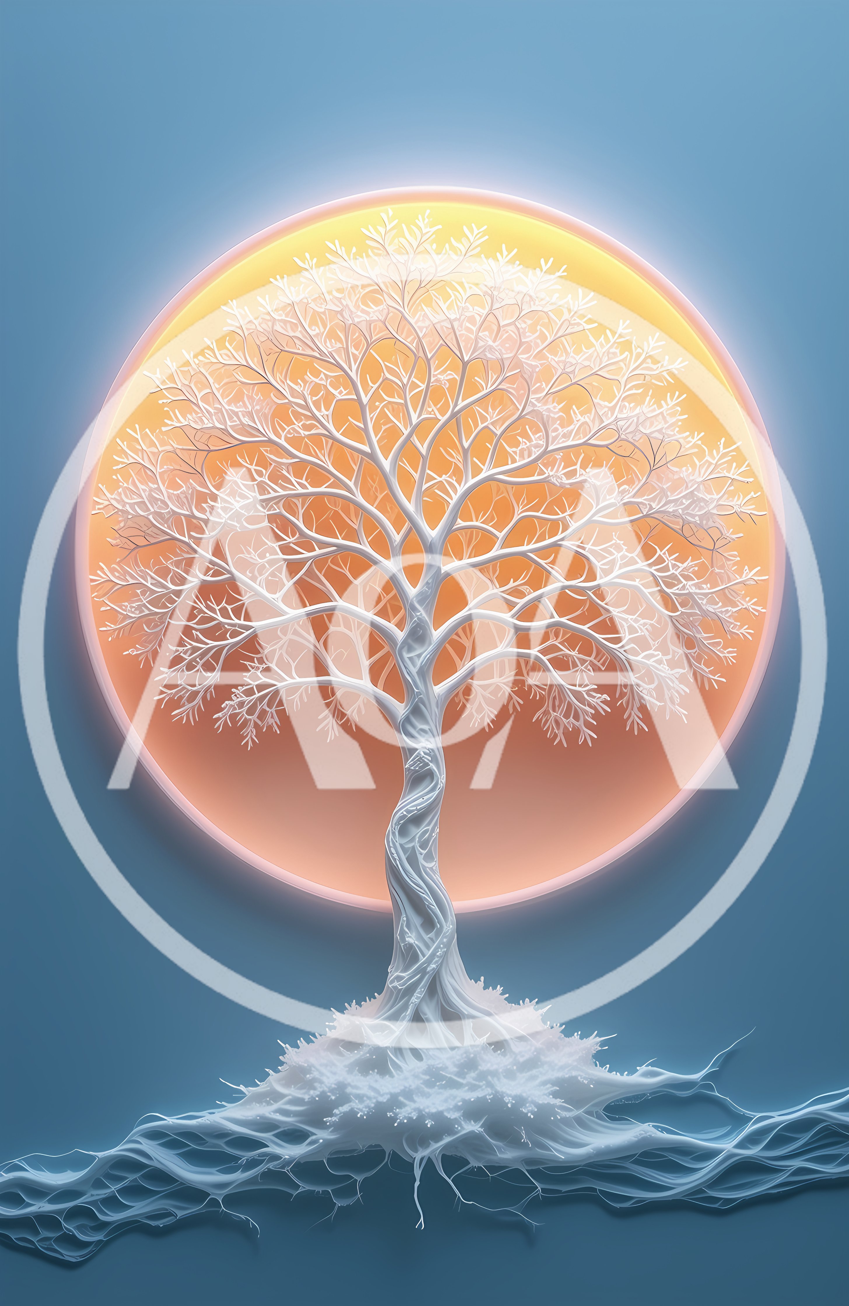 Stylized White Tree Against A Glowing Circular Background