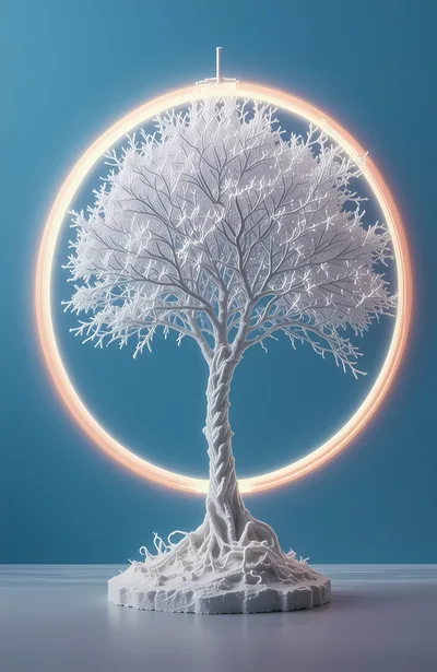 White Sculptural Tree With Glowing Neon Halo