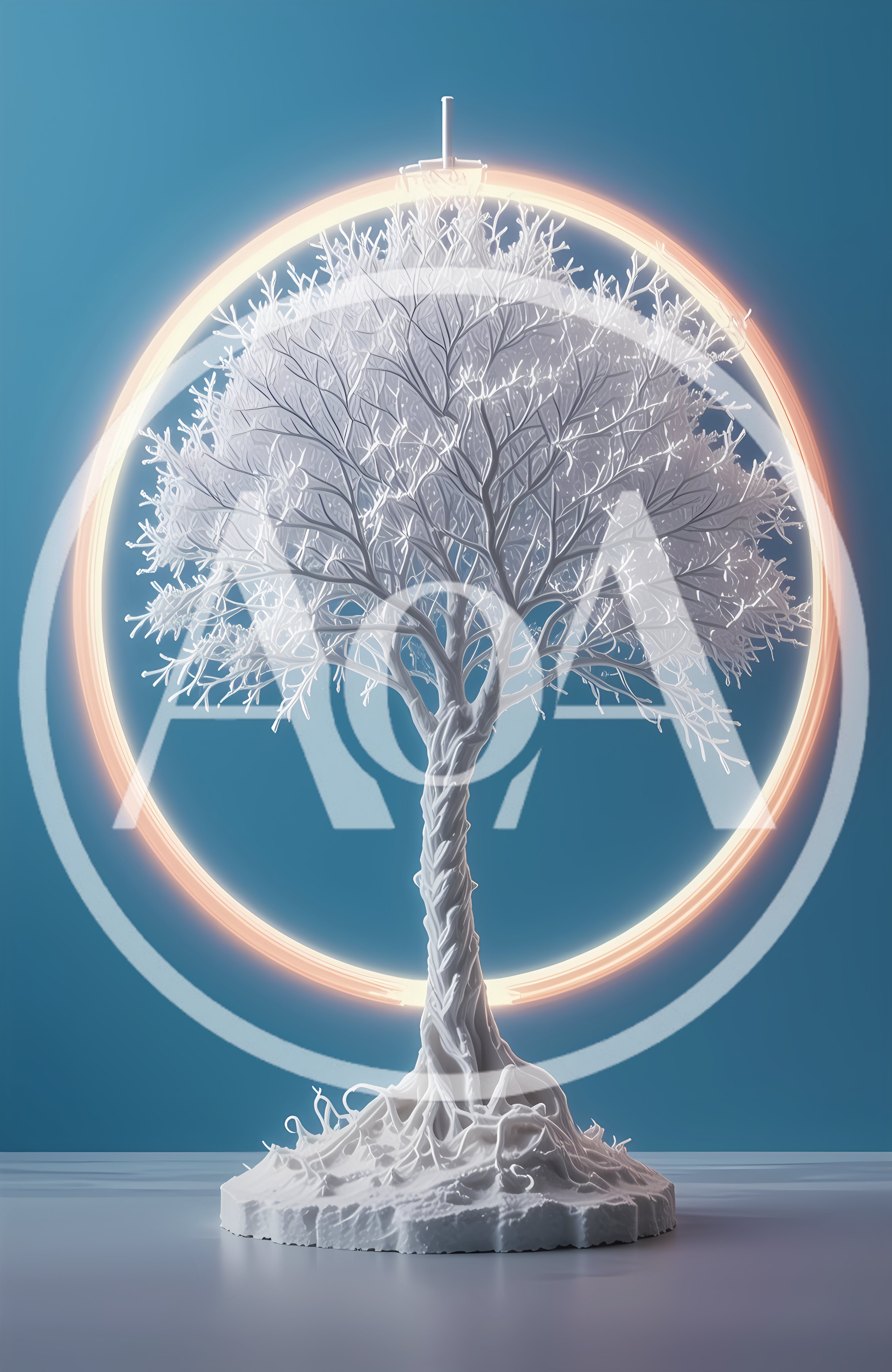 White Sculptural Tree With Glowing Neon Halo