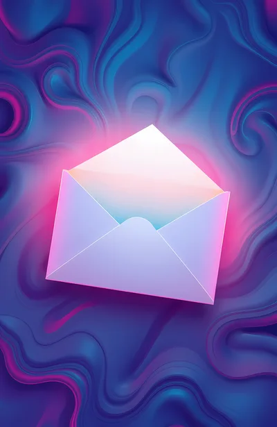 Glowing Open Envelope On Abstract Swirling Liquid Background