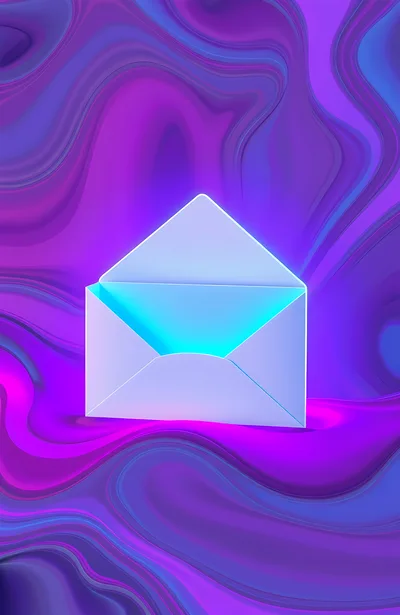 3D Rendered Open Envelope on Abstract Liquid Background