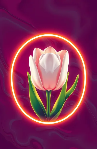 Digital Illustration Of A Pink Tulip In Neon Ring