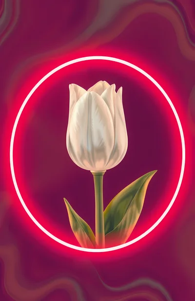 White Tulip Flower Inside A Glowing Neon Circle
