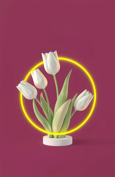 White Tulips With Yellow Neon Ring On Maroon Background