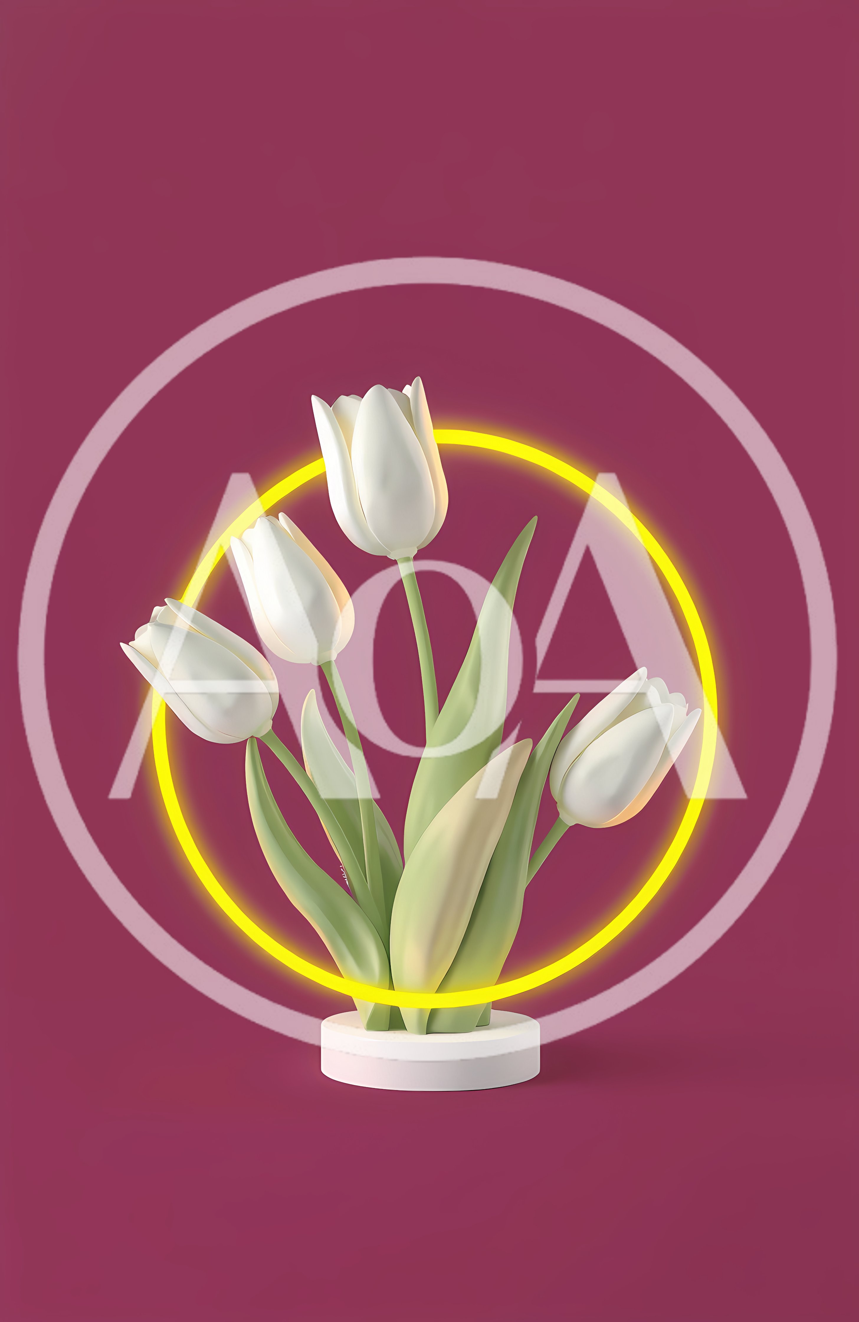 White Tulips With Yellow Neon Ring On Maroon Background
