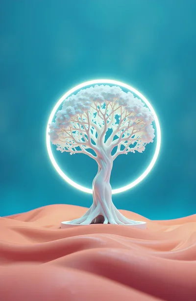 Surreal White Tree With Glowing Halo In Desert
