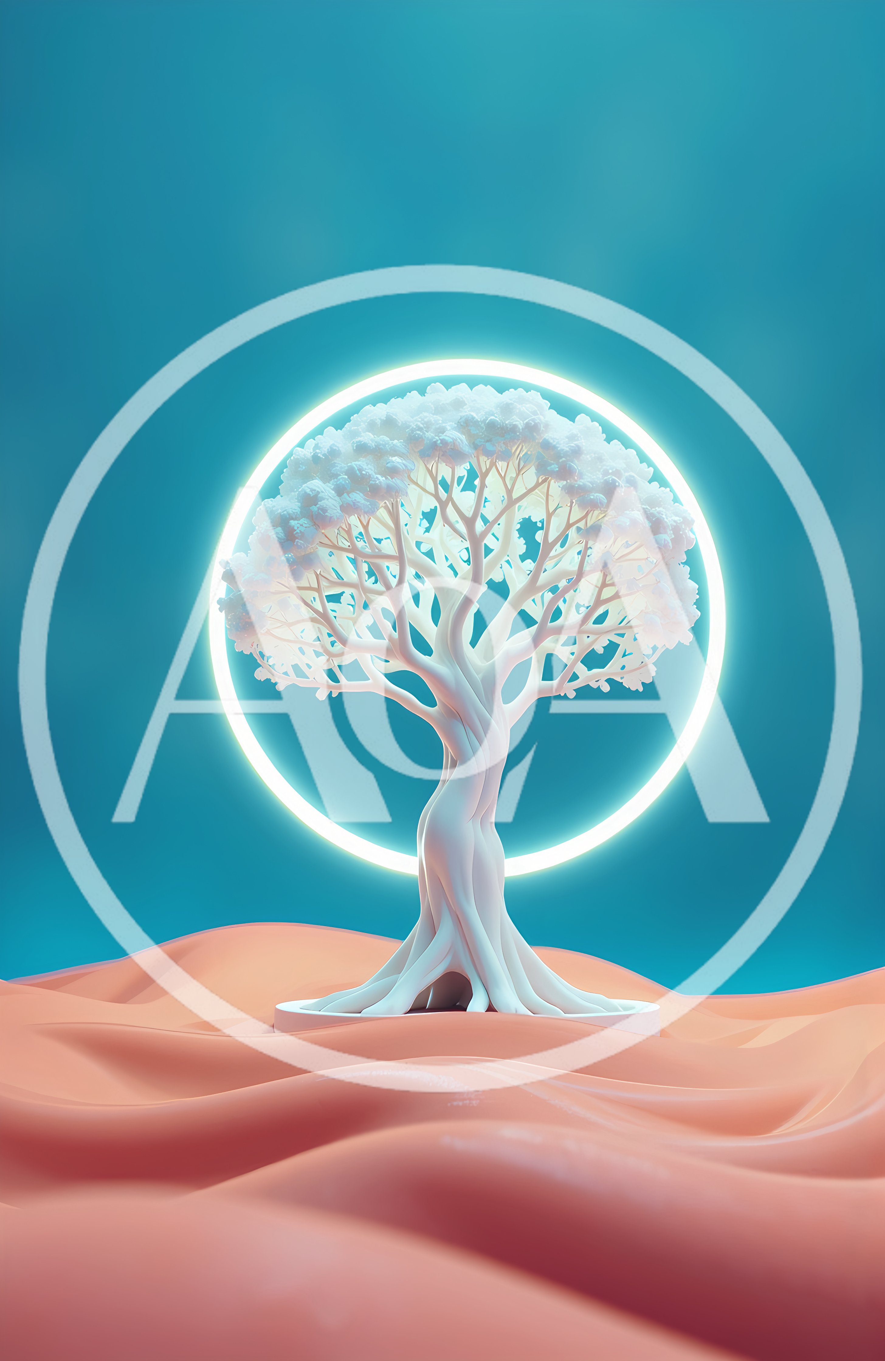 Surreal White Tree With Glowing Halo In Desert