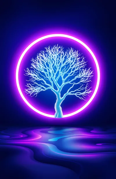 Glowing Neon Tree With Circular Light Ring