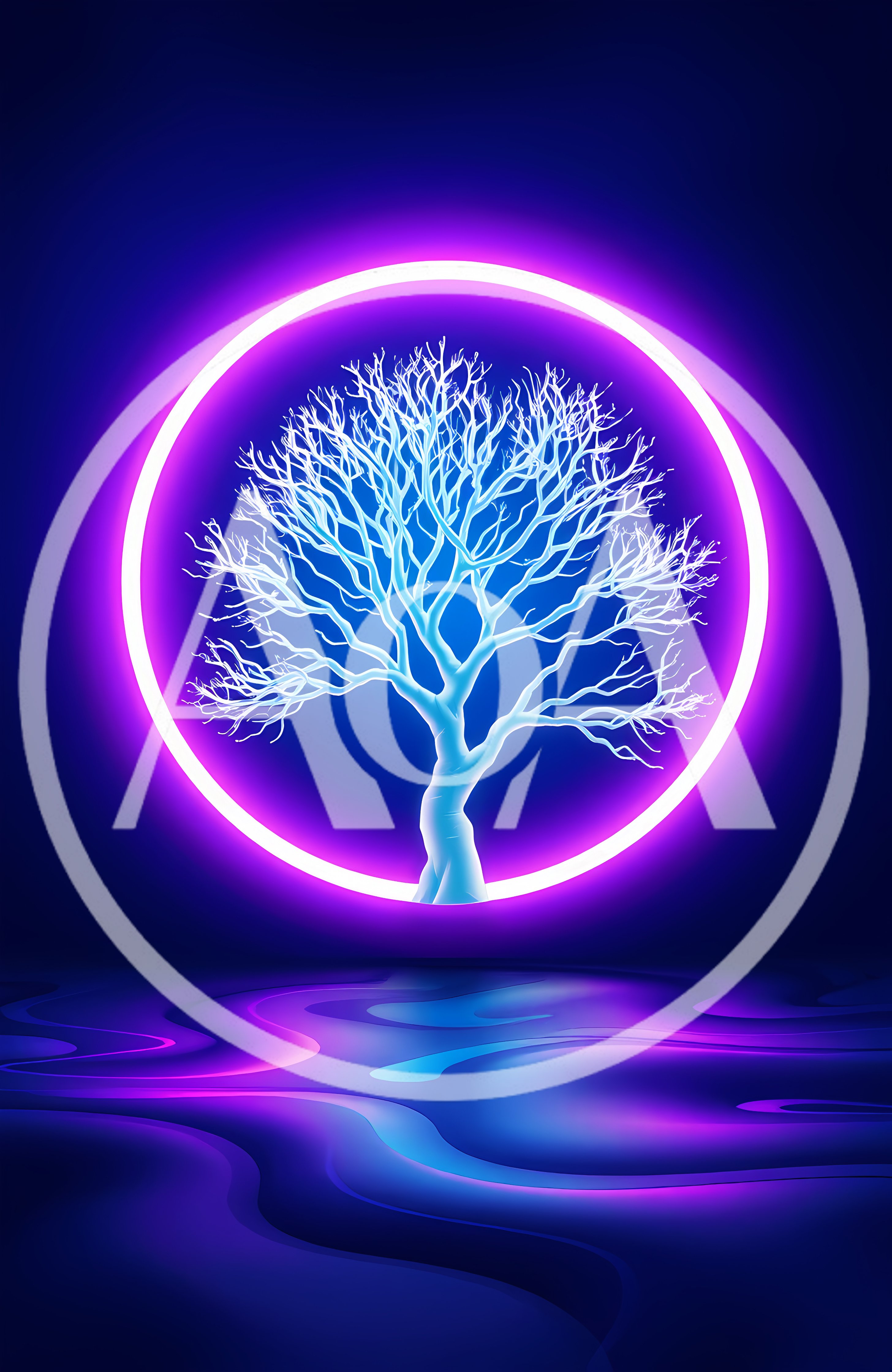 Glowing Neon Tree With Circular Light Ring