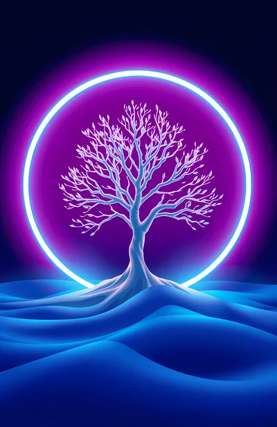Glowing Neon Tree Against A Circular Light Portal