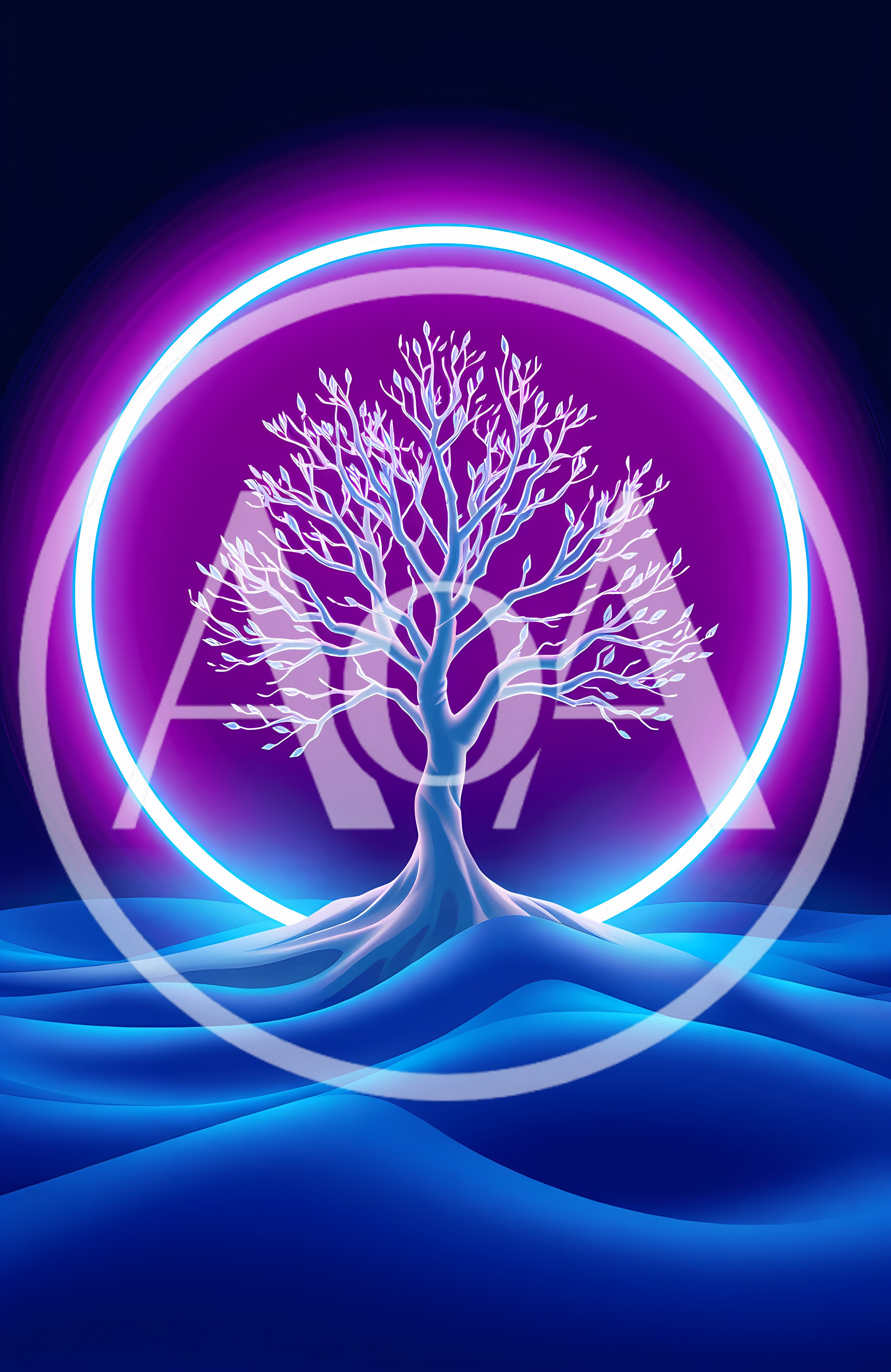 Glowing Neon Tree Against A Circular Light Portal