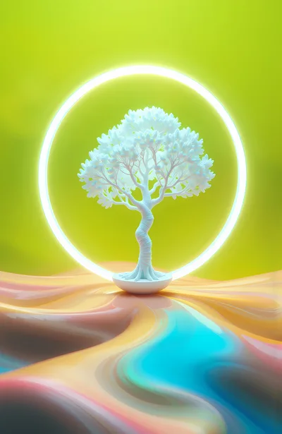 Abstract White Tree With Glowing Neon Ring