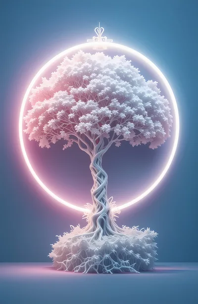 Glowing White Tree Inside A Neon Circular Frame