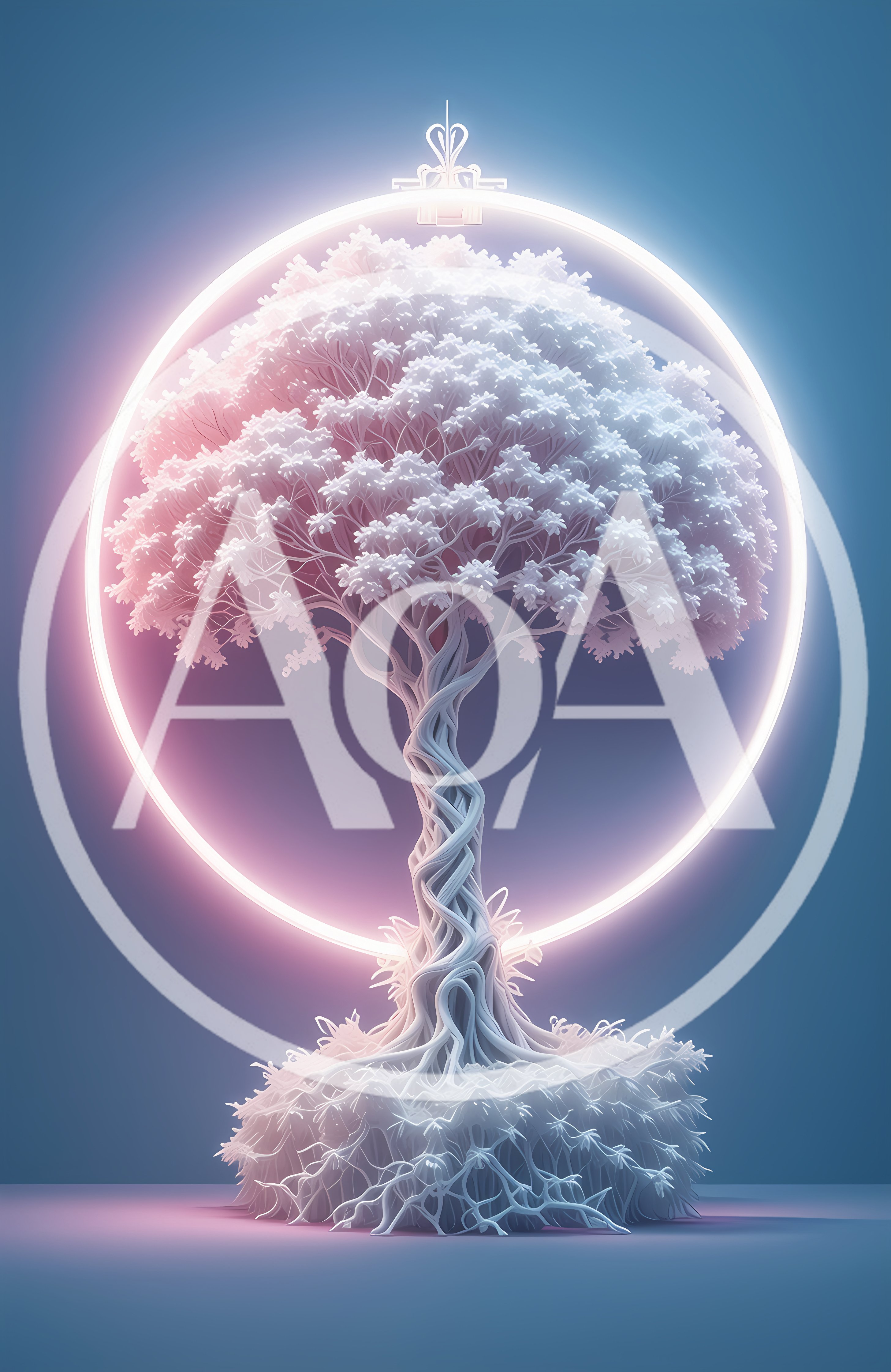 Glowing White Tree Inside A Neon Circular Frame
