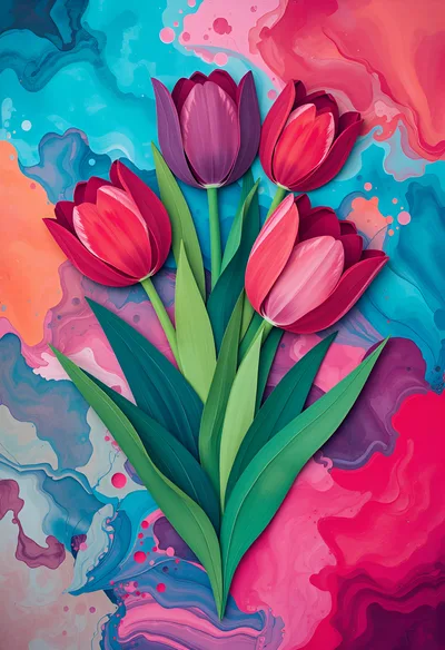 Paper Cutout Style Tulips on Abstract Painted Background
