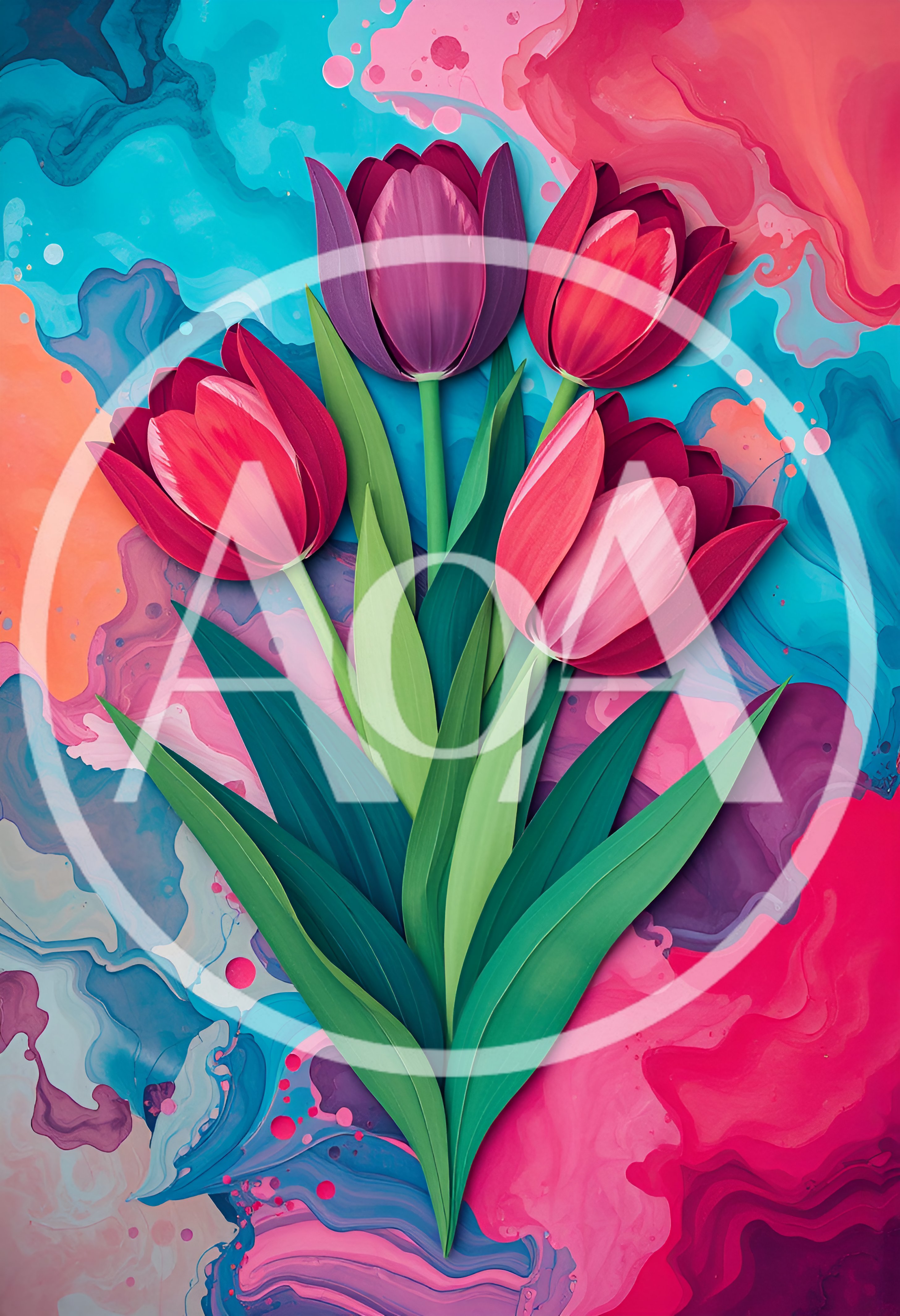 Paper Cutout Style Tulips on Abstract Painted Background