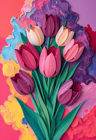 Paper Craft Tulip Bouquet With Abstract Painted Background