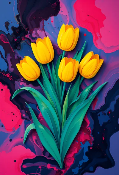Yellow Tulips On Abstract Pink And Blue Background