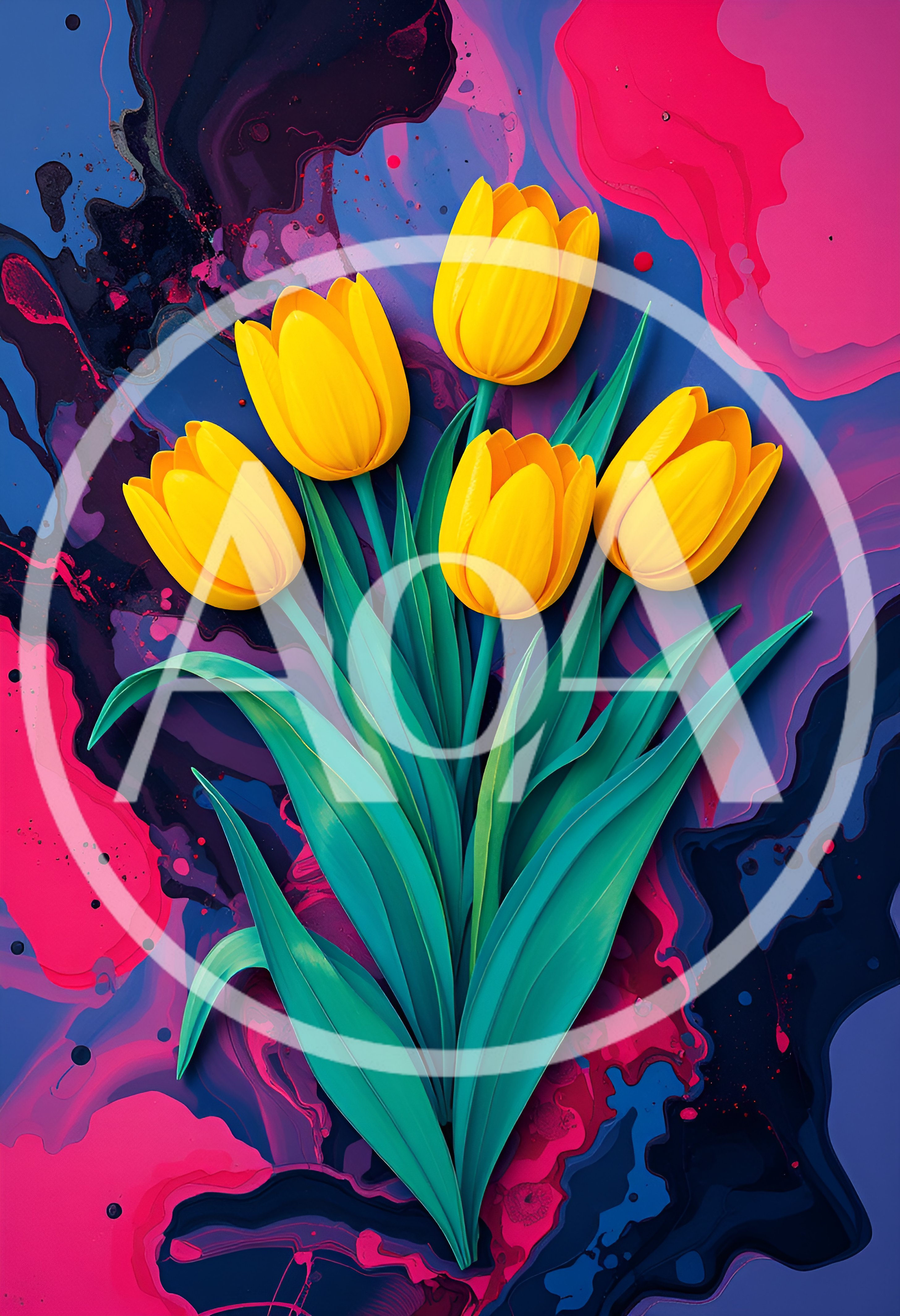 Yellow Tulips On Abstract Pink And Blue Background