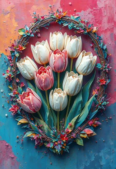 Tulip Bouquet Inside A Decorative Wreath