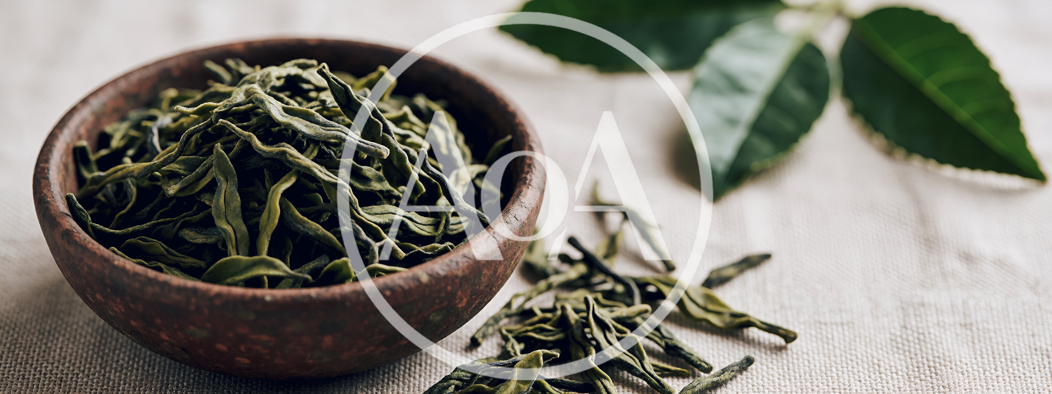 Dried Green Tea Leaves in a Rustic Bowl