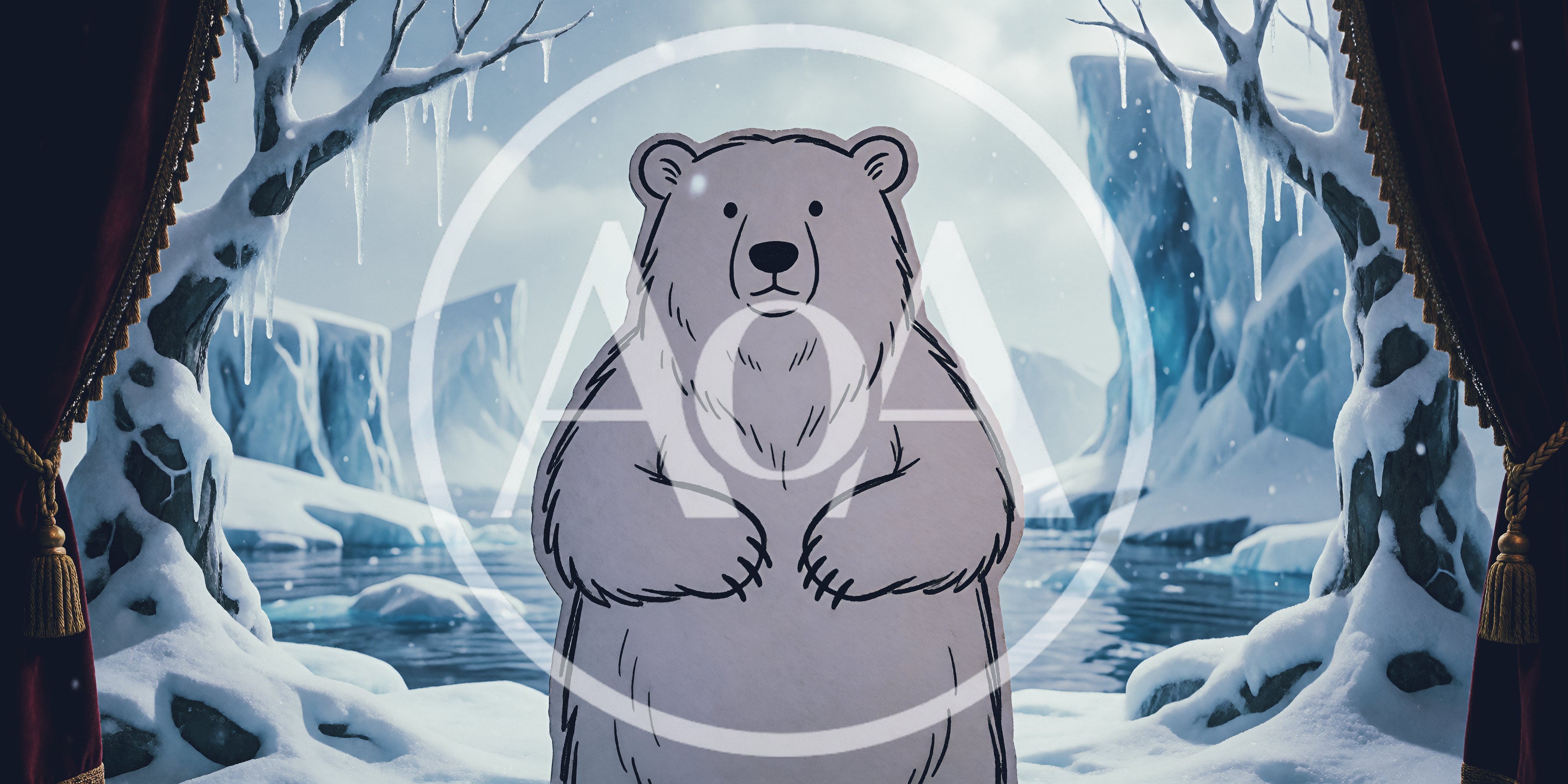 Illustrated Polar Bear Cutout On A Snowy Stage
