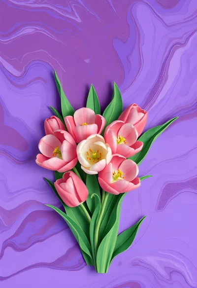 Bouquet Of Pink Tulips On Purple Marble Background