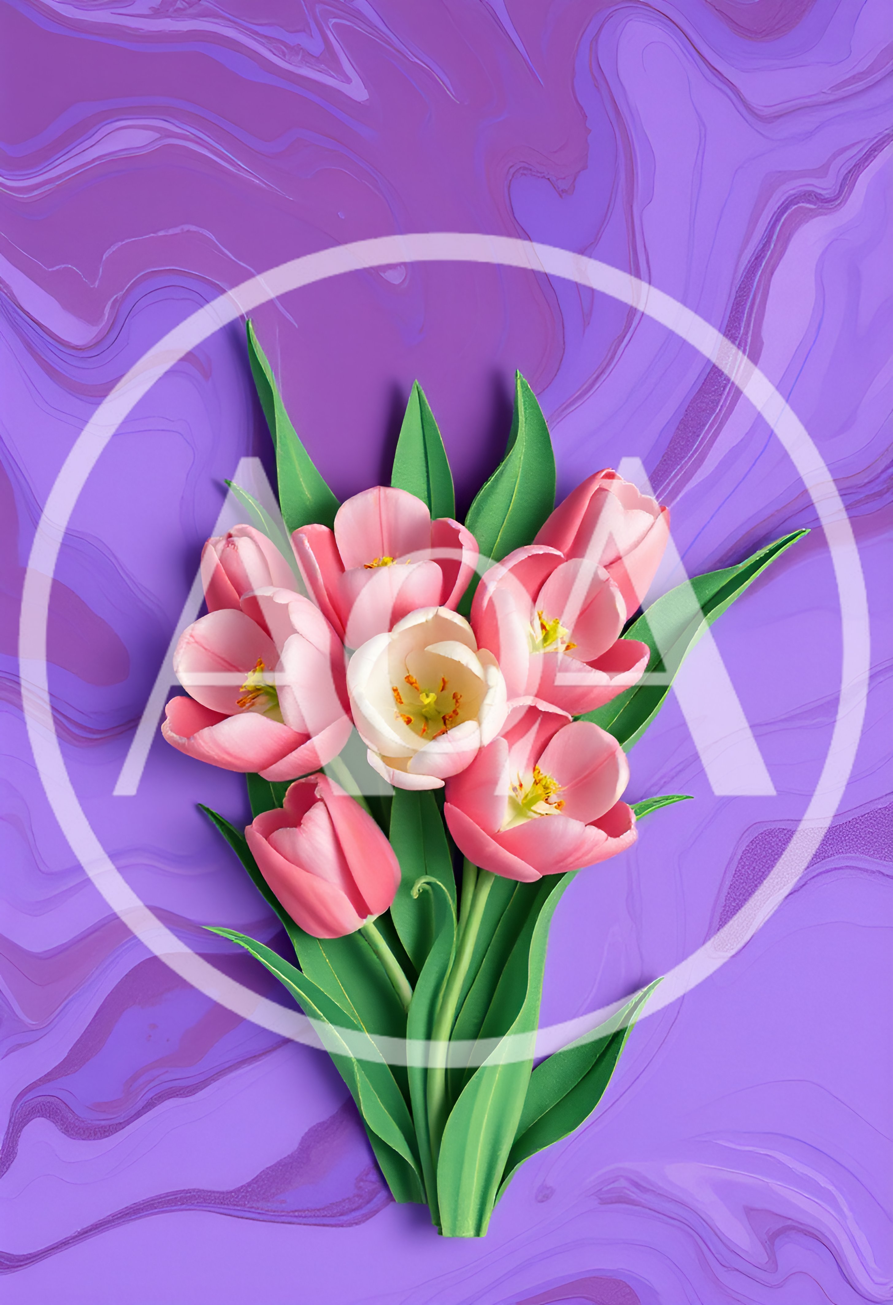 Bouquet Of Pink Tulips On Purple Marble Background