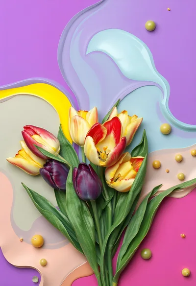 Colorful Tulip Bouquet on Abstract Painted Background