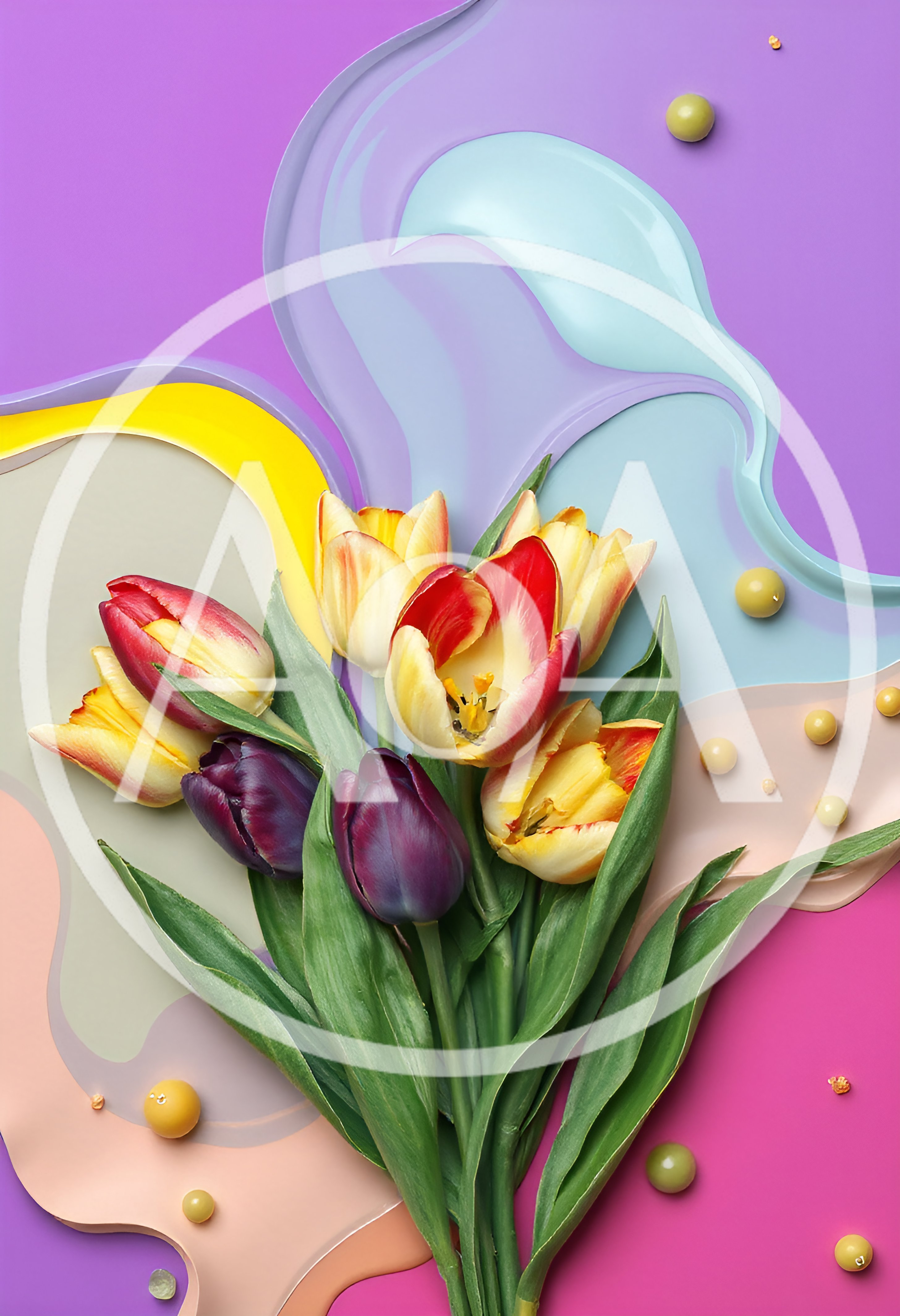 Colorful Tulip Bouquet on Abstract Painted Background