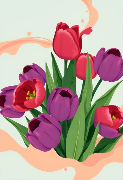 Digital Illustration Of Vibrant Red And Purple Tulips