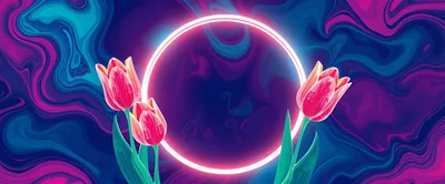 Pink Tulips With Glowing Neon Circle Frame