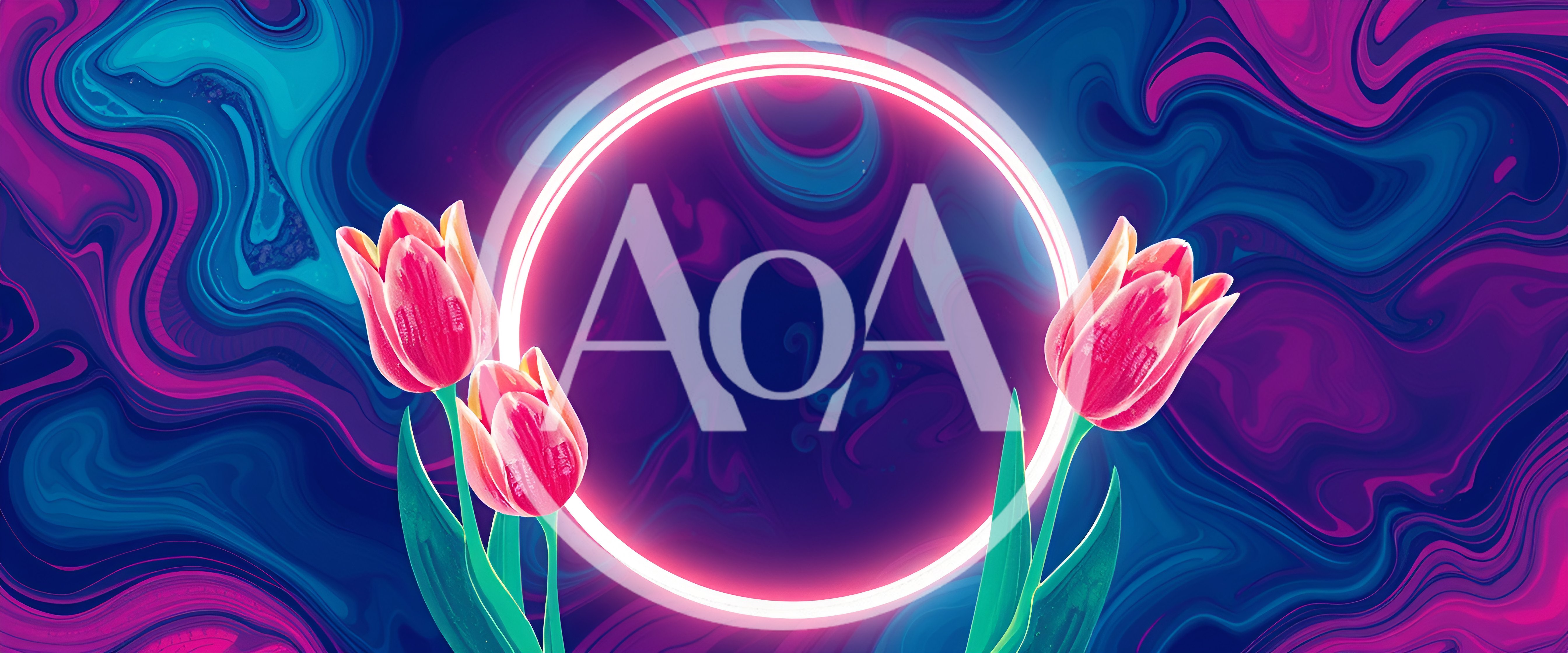 Pink Tulips With Glowing Neon Circle Frame